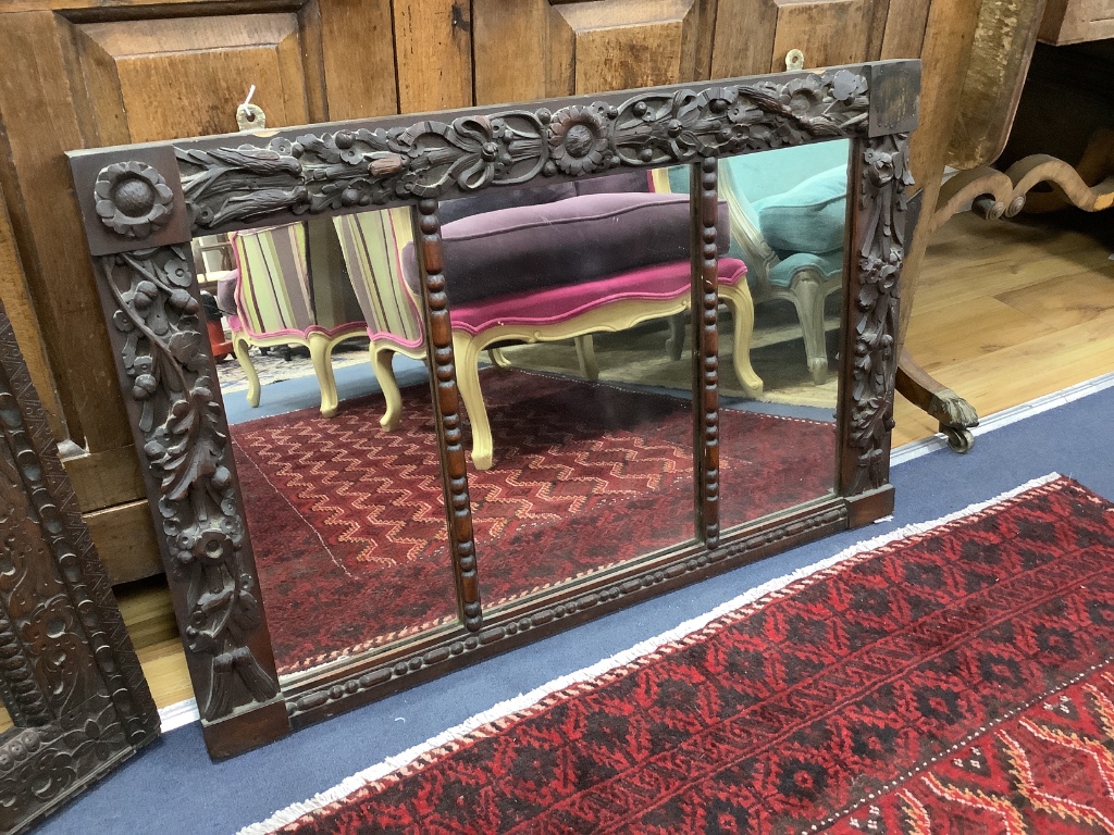 A carved triple plate overmantel mirror, 88 x 57cm together with a similar rectangular frame
